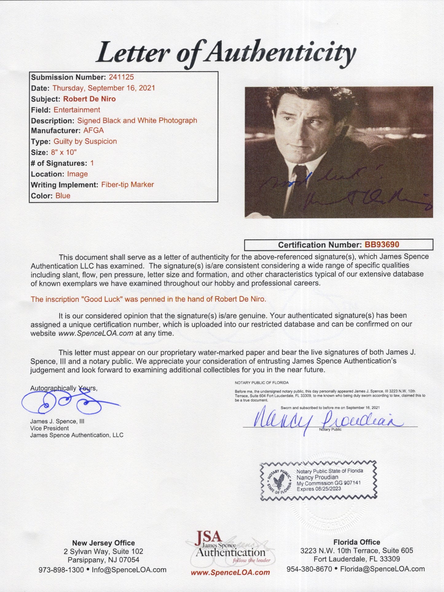 Robert De Niro Signed Photo 8x10 in Guilty by Suspicion JSA Letter Certified
