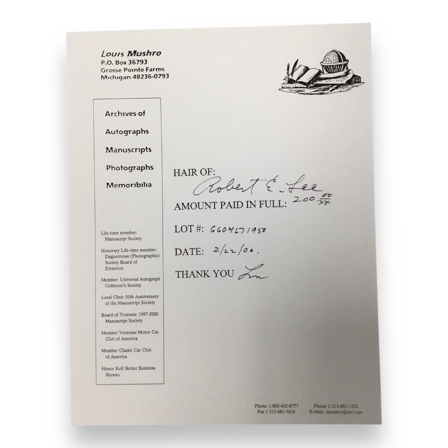 Robert E. Lee Hair Clipping with Certificate of Authenticity & Documentation