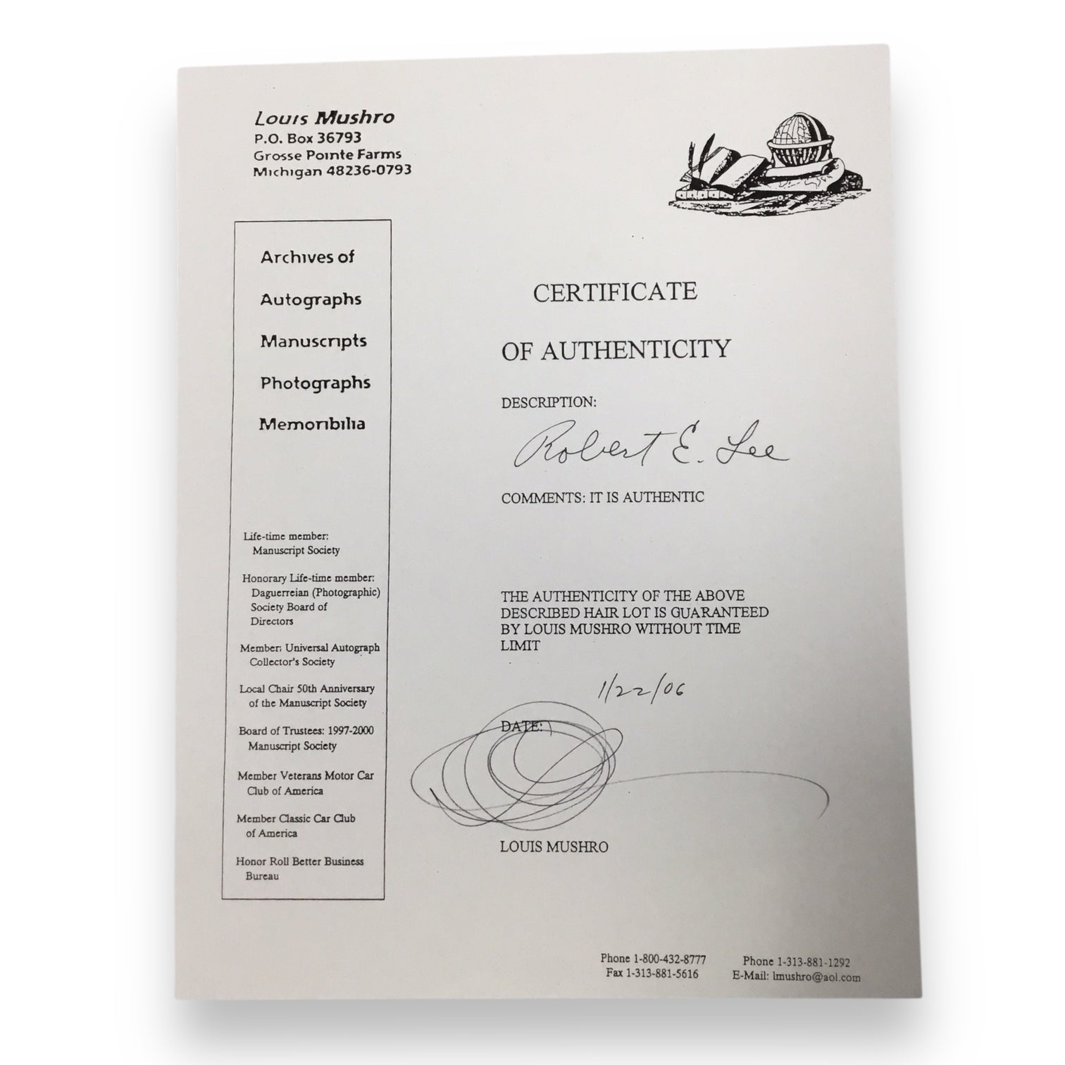 Robert E. Lee Hair Clipping with Certificate of Authenticity & Documentation