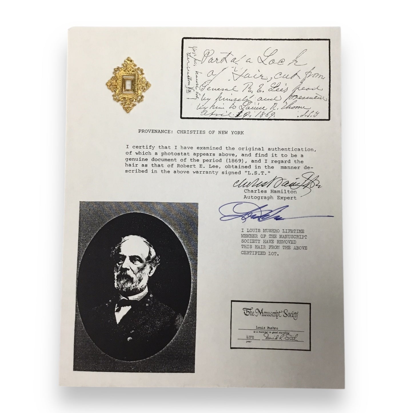 Robert E. Lee Hair Clipping with Certificate of Authenticity & Documentation