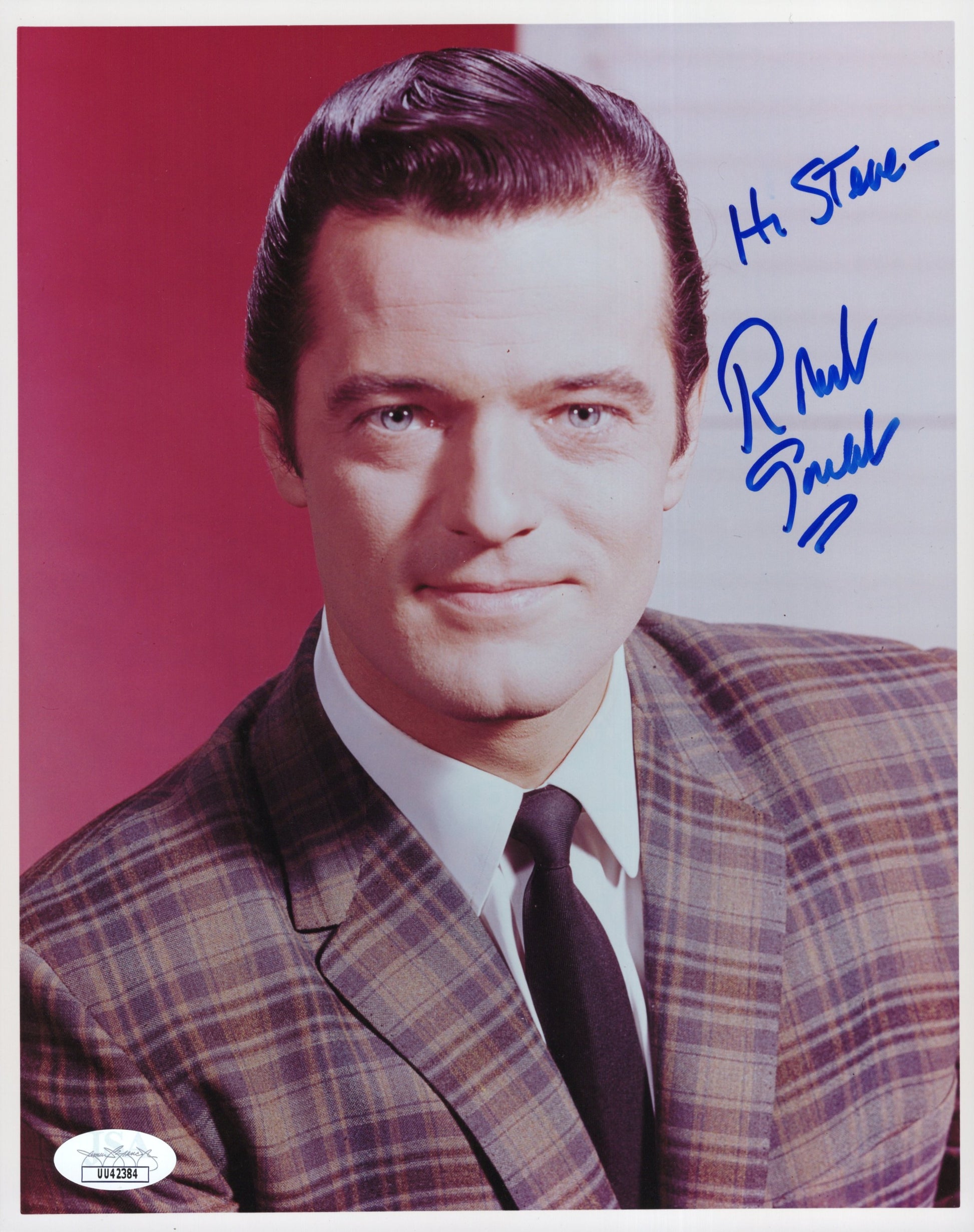 Robert Goulet Signed Photo 8x10 Personalized "Hi Steve", Robert Goulet Autograph Rare Early Press Picture in Plaid Suit, JSA and PSA Letter Double Certified Authentic UU42384