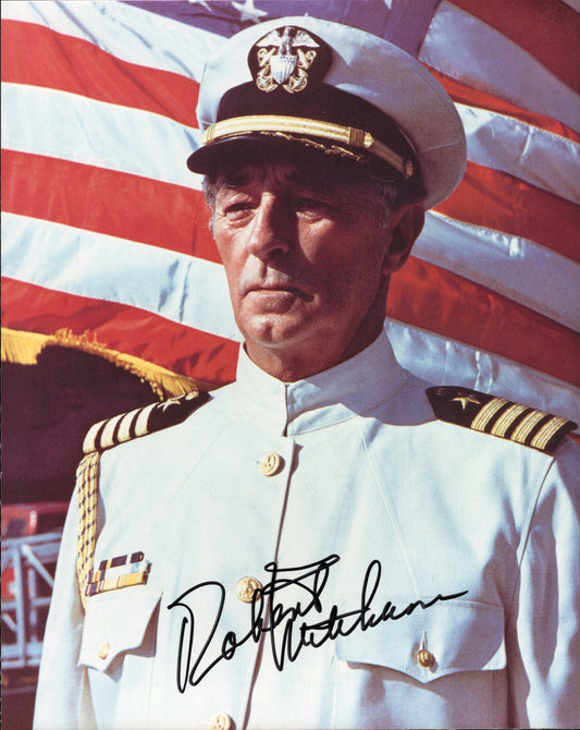 Robert Mitchum in Uniform Before Flag Signed Photo 8x10