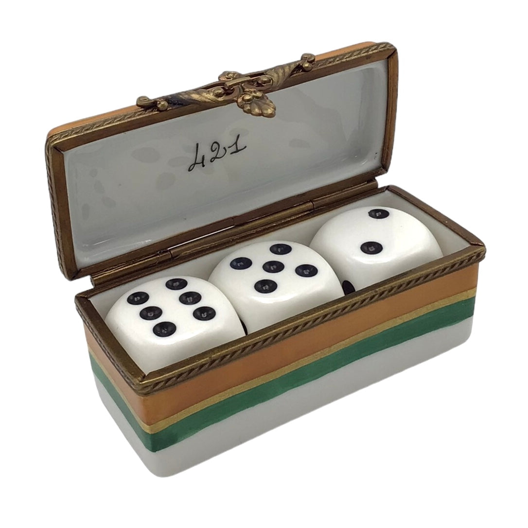 Rochard Limoges Quatre Vingt Et Un French Dice Game Trinket Box 421 with Three Dice