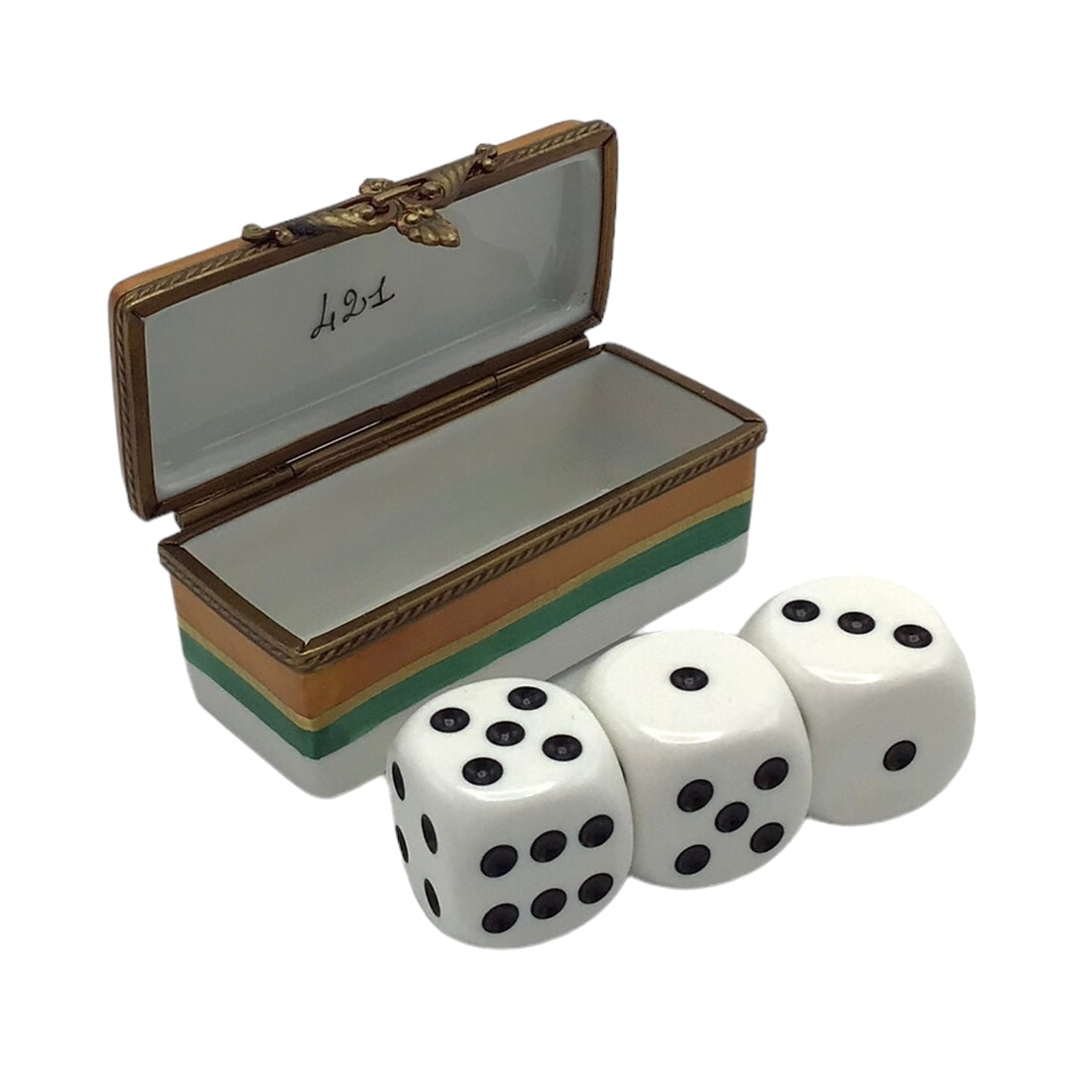 Rochard Limoges Quatre Vingt Et Un French Dice Game Trinket Box 421 with Three Dice