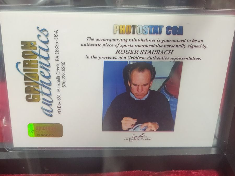 Roger Staubach Cowboys Autographed Mini Helmet Shadowbox w/ Jersey Card + Figure