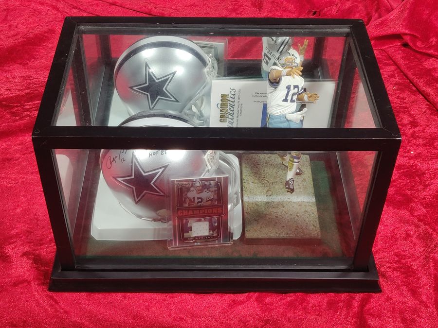 Roger Staubach Cowboys Autographed Mini Helmet Shadowbox w/ Jersey Card + Figure