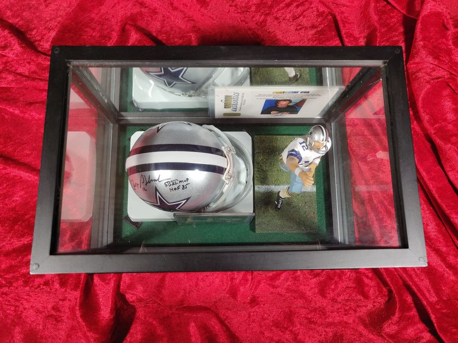 Roger Staubach Cowboys Autographed Mini Helmet Shadowbox w/ Jersey Card + Figure