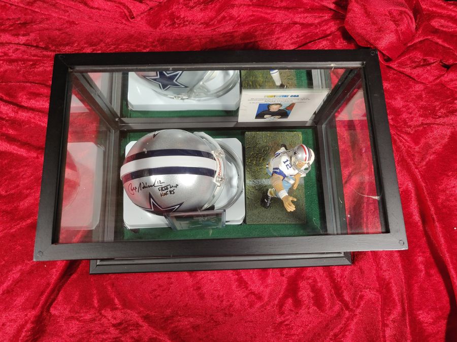 Roger Staubach Cowboys Autographed Mini Helmet Shadowbox w/ Jersey Card + Figure