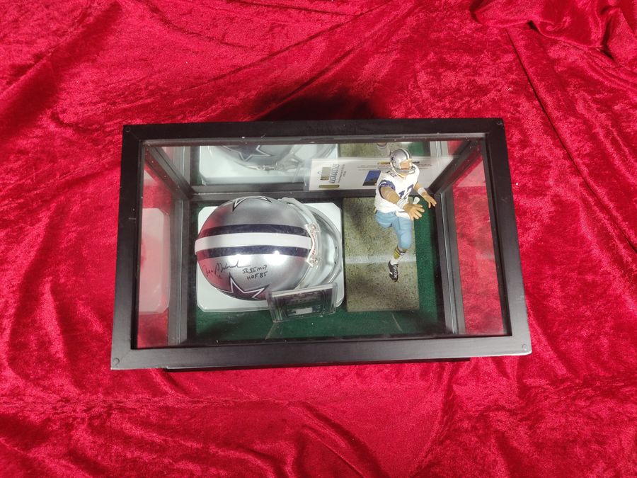Roger Staubach Cowboys Autographed Mini Helmet Shadowbox w/ Jersey Card + Figure