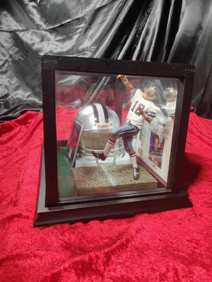Roger Staubach Cowboys Autographed Mini Helmet Shadowbox w/ Jersey Card + Figure