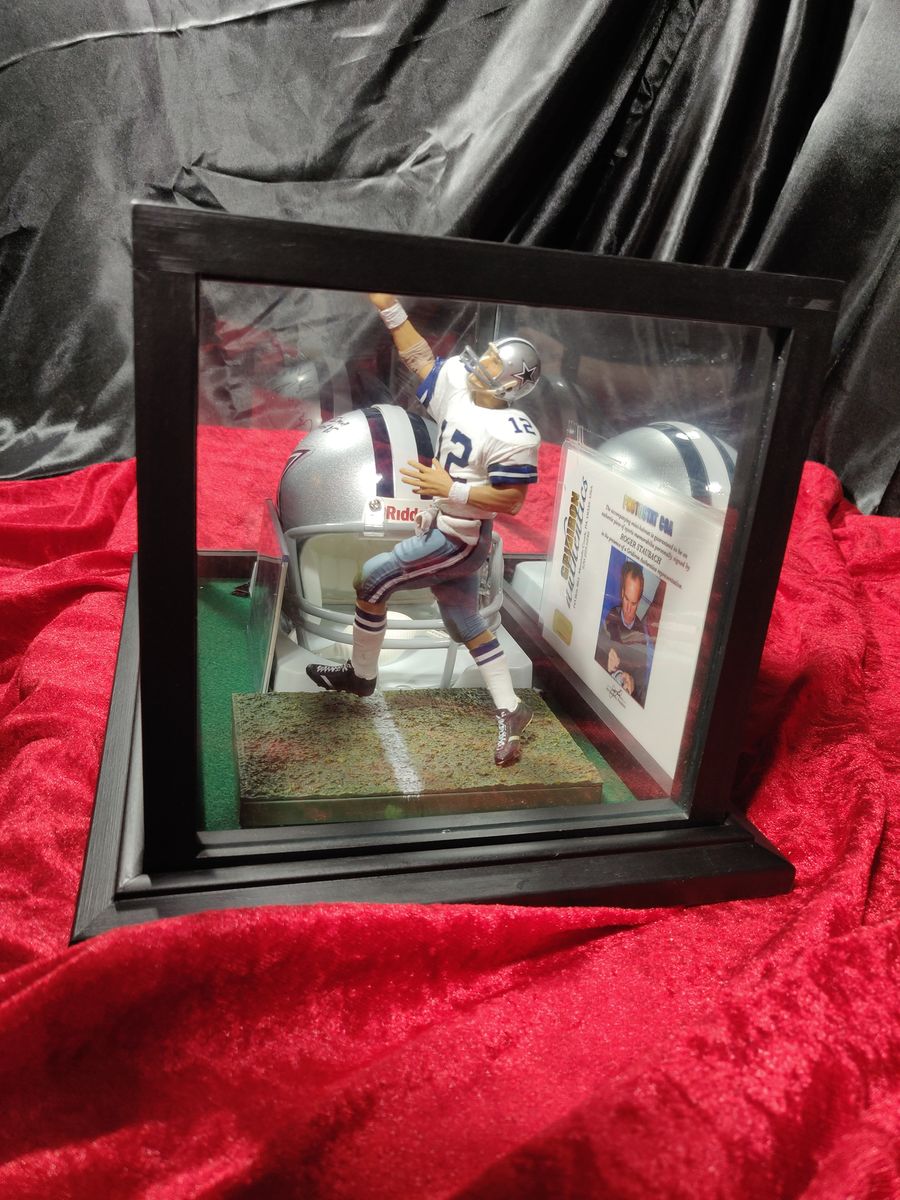 Roger Staubach Cowboys Autographed Mini Helmet Shadowbox w/ Jersey Card + Figure