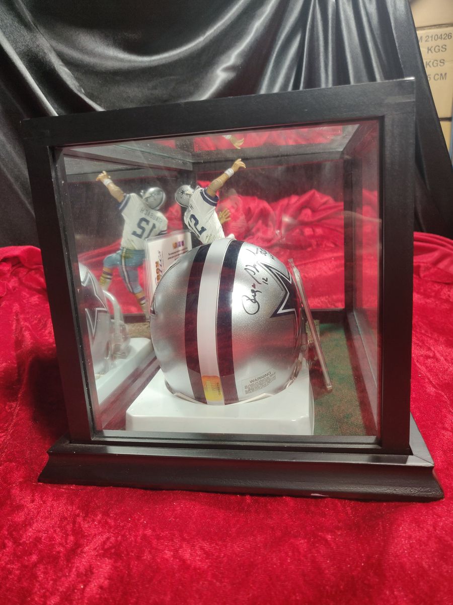 Roger Staubach Cowboys Autographed Mini Helmet Shadowbox w/ Jersey Card + Figure