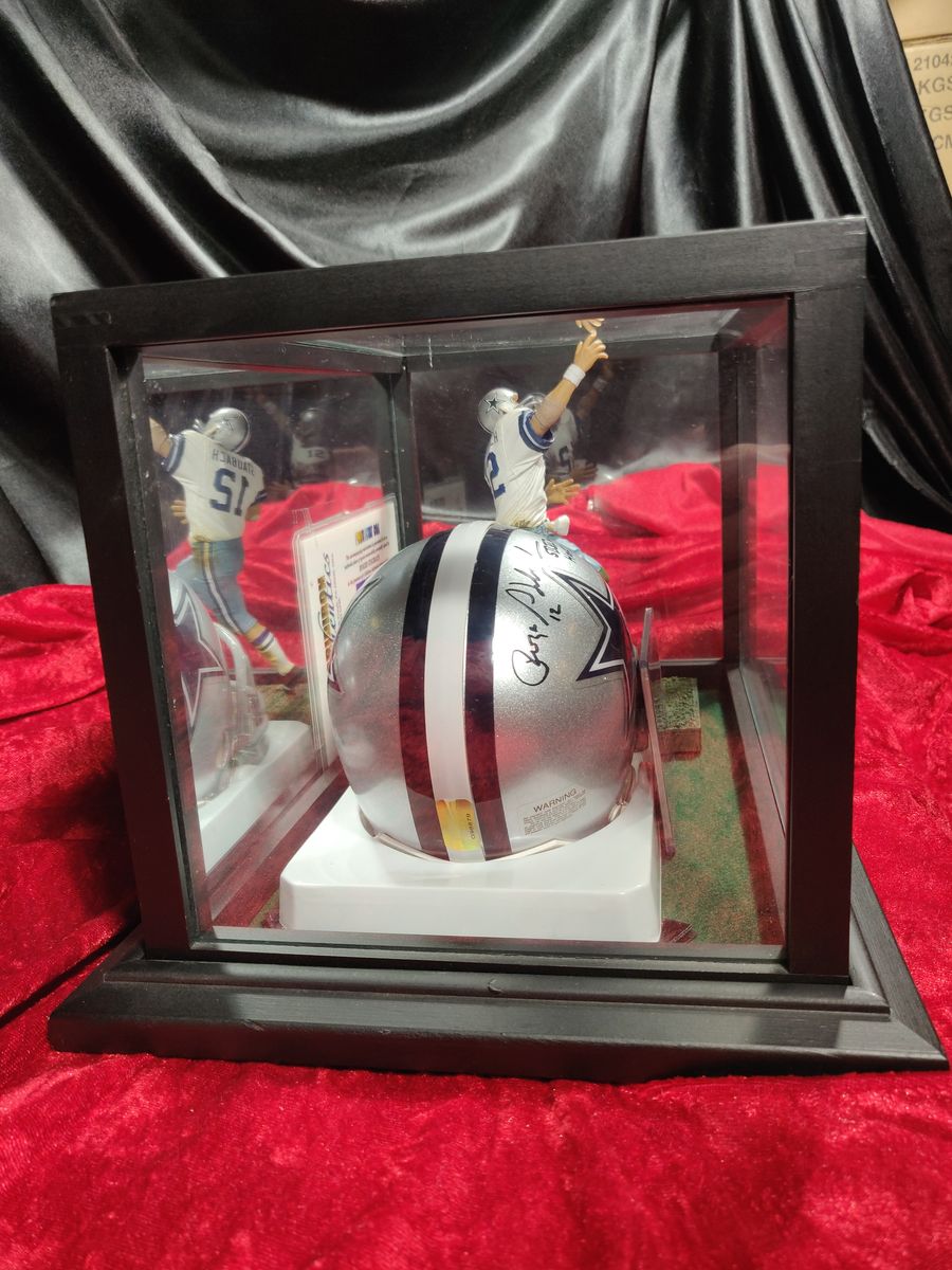 Roger Staubach Cowboys Autographed Mini Helmet Shadowbox w/ Jersey Card + Figure