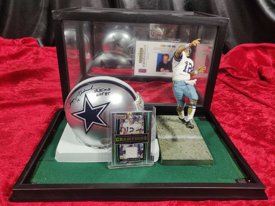 Roger Staubach Cowboys Autographed Mini Helmet Shadowbox w/ Jersey Card + Figure