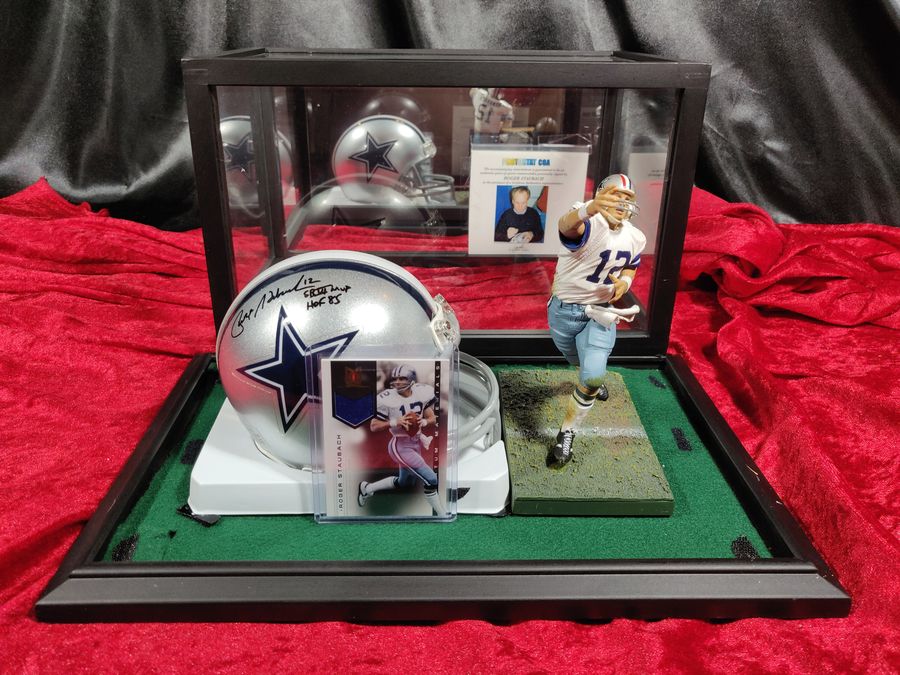 Roger Staubach Cowboys Autographed Mini Helmet Shadowbox w/ Jersey Card + Figure