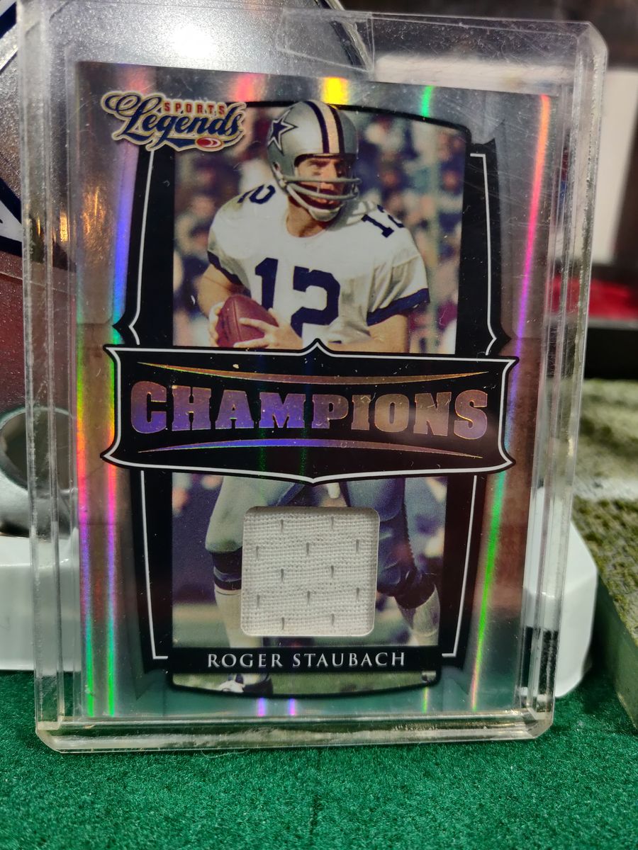 Roger Staubach Cowboys Autographed Mini Helmet Shadowbox w/ Jersey Card + Figure