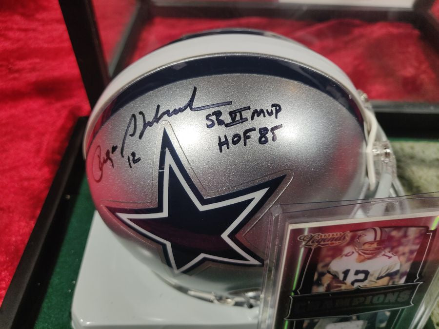 Roger Staubach Cowboys Autographed Mini Helmet Shadowbox w/ Jersey Card + Figure