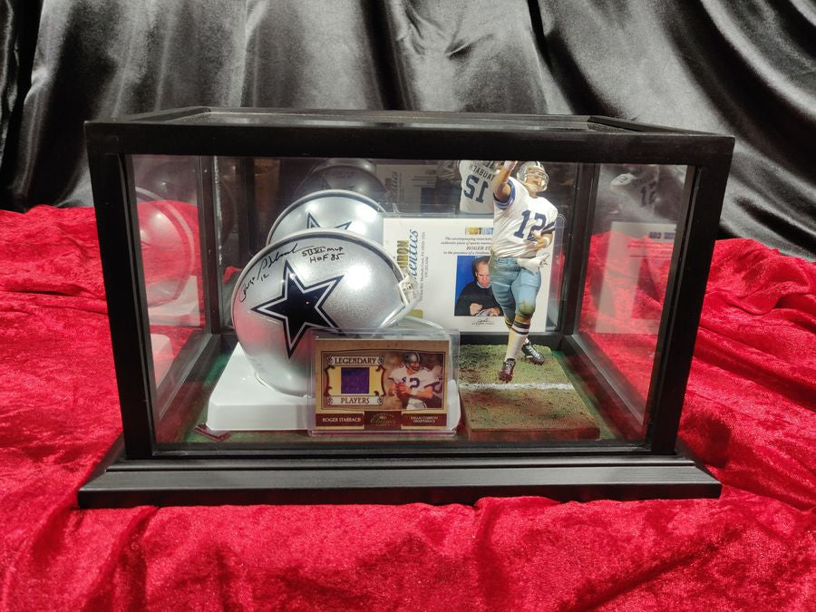 Roger Staubach Cowboys Autographed Mini Helmet Shadowbox w/ Jersey Card + Figure