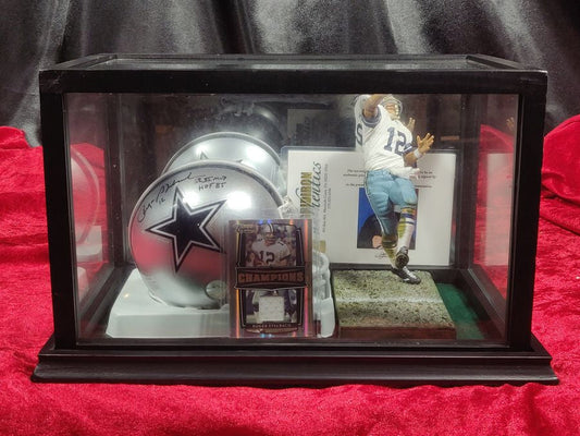 Roger Staubach Cowboys Autographed Mini Helmet Shadowbox w/ Jersey Card + Figure