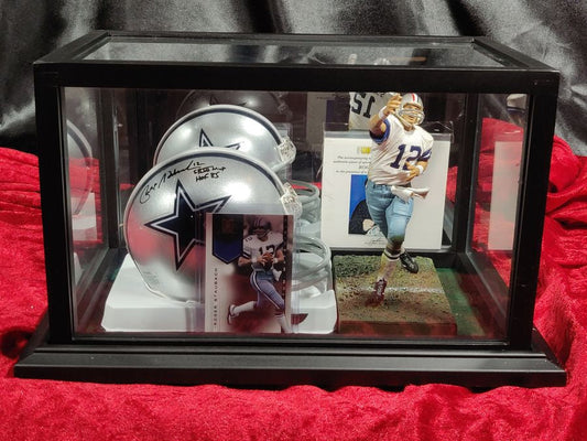 Roger Staubach Cowboys Autographed Mini Helmet Shadowbox w/ Jersey Card + Figure