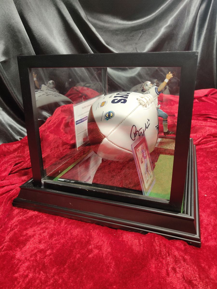 Roger Staubach Dallas Cowboys Autographed Football Shadowbox with Card & Figure