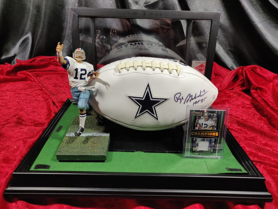 Roger Staubach Dallas Cowboys Autographed Football Shadowbox with Card + Figure