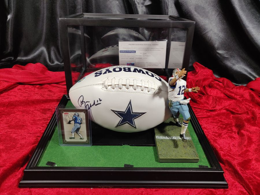 Roger Staubach Dallas Cowboys Autographed Football Shadowbox with Card & Figure