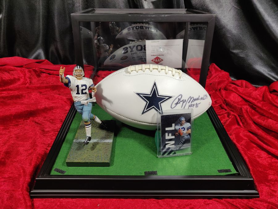 Roger Staubach Dallas Cowboys Autographed Football Shadowbox with Card + Figure