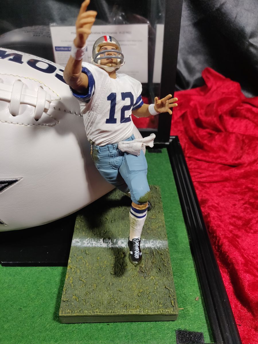 Roger Staubach Dallas Cowboys Autographed Football Shadowbox with Card & Figure