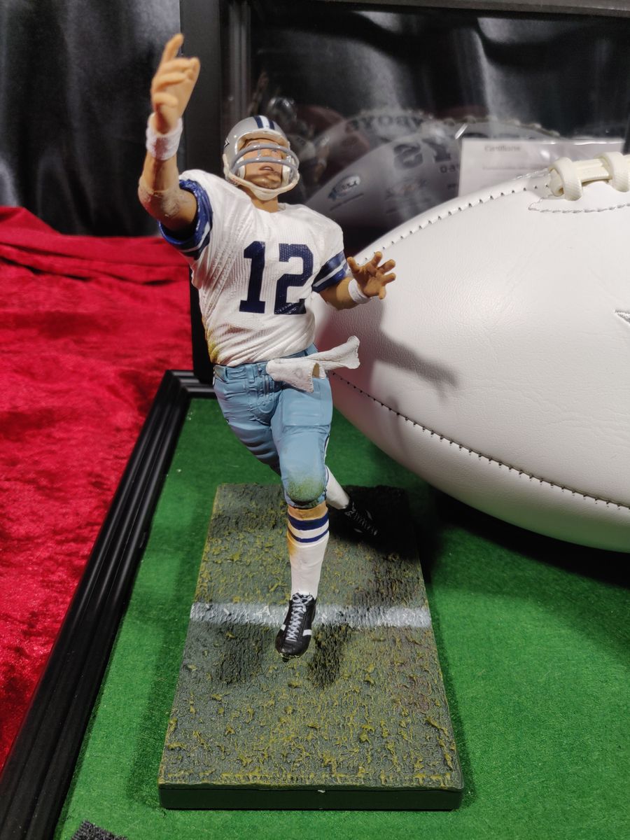 Roger Staubach Dallas Cowboys Autographed Football Shadowbox with Card + Figure