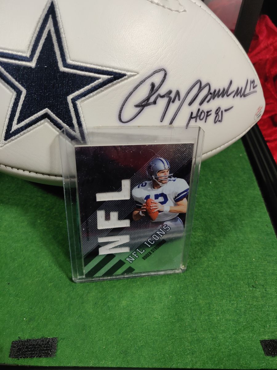 Roger Staubach Dallas Cowboys Autographed Football Shadowbox with Card + Figure