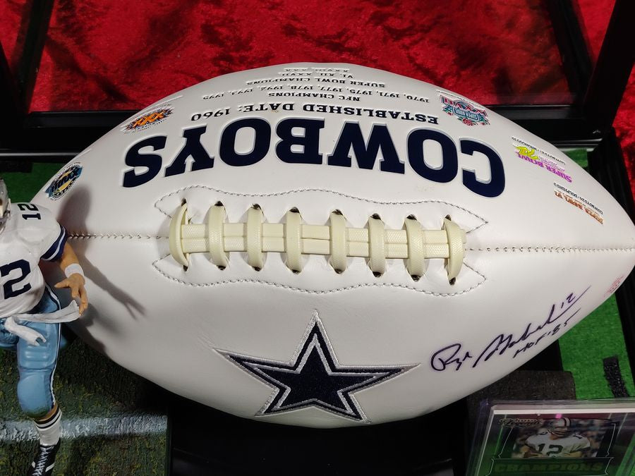 Roger Staubach Dallas Cowboys Autographed Football Shadowbox with Card + Figure