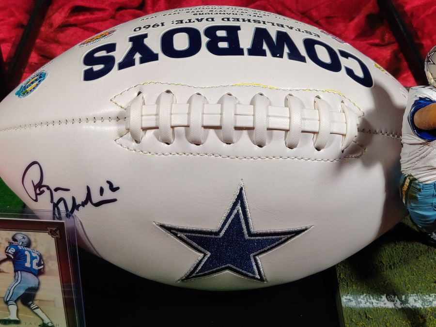 Roger Staubach Dallas Cowboys Autographed Football Shadowbox with Card & Figure