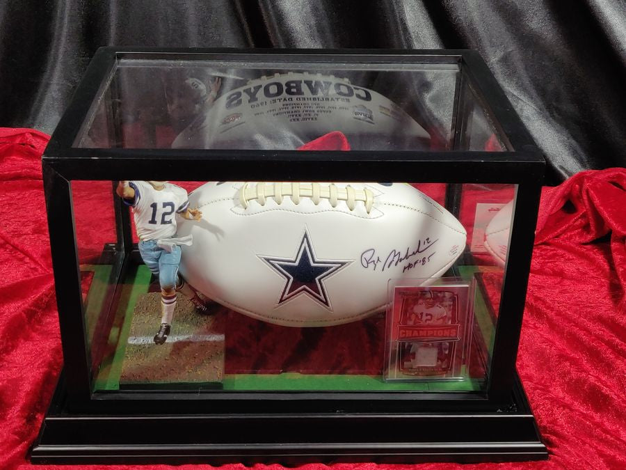 Roger Staubach Dallas Cowboys Autographed Football Shadowbox with Card + Figure