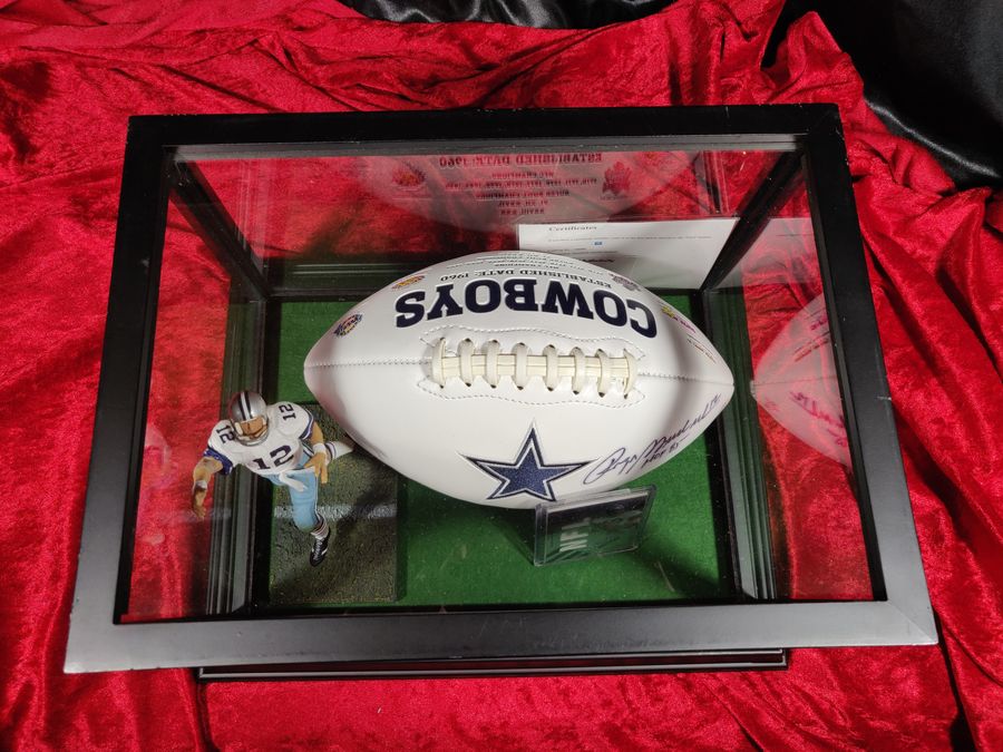 Roger Staubach Dallas Cowboys Autographed Football Shadowbox with Card + Figure