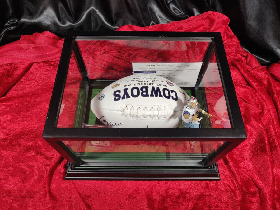 Roger Staubach Dallas Cowboys Autographed Football Shadowbox with Card & Figure