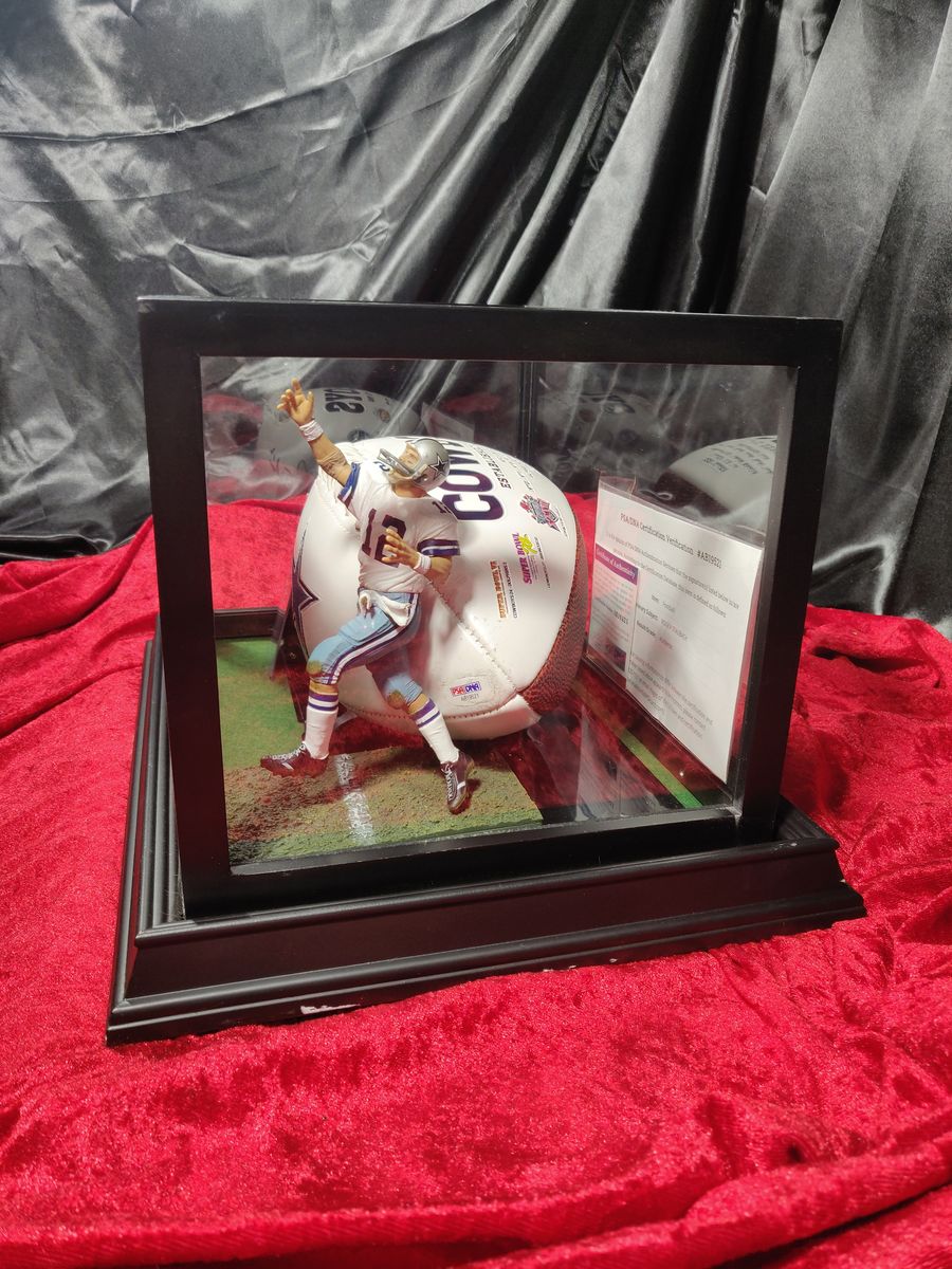 Roger Staubach Dallas Cowboys Autographed Football Shadowbox with Card & Figure
