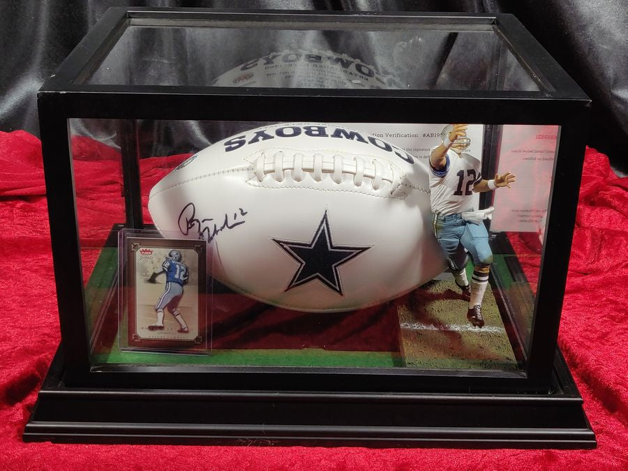 Roger Staubach Dallas Cowboys Autographed Football Shadowbox with Card & Figure
