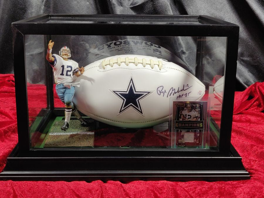 Roger Staubach Dallas Cowboys Autographed Football Shadowbox with Card + Figure