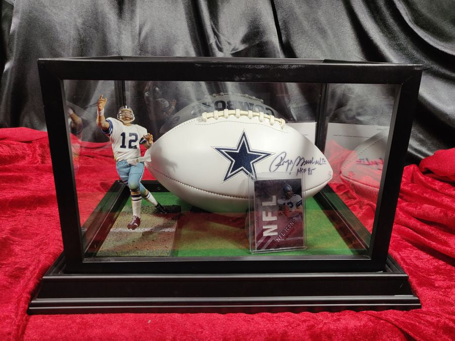 Roger Staubach Dallas Cowboys Autographed Football Shadowbox with Card + Figure