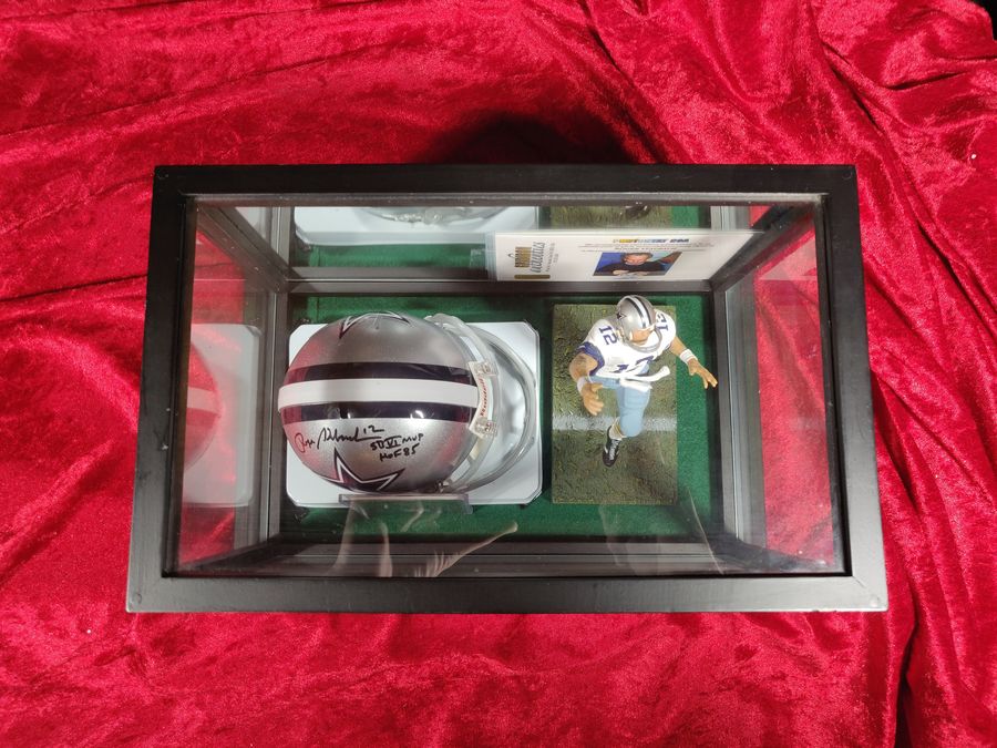 Roger Staubach Dallas Cowboys Autographed Mini Helmet SB M.V.P & H.O.F Shadowbox w/ Card + Figure