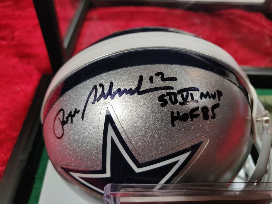 Roger Staubach Dallas Cowboys Autographed Mini Helmet SB M.V.P & H.O.F Shadowbox w/ Card + Figure