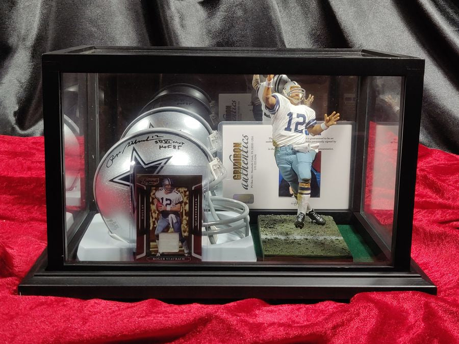 Roger Staubach Dallas Cowboys Autographed Mini Helmet SB M.V.P & H.O.F Shadowbox w/ Card + Figure