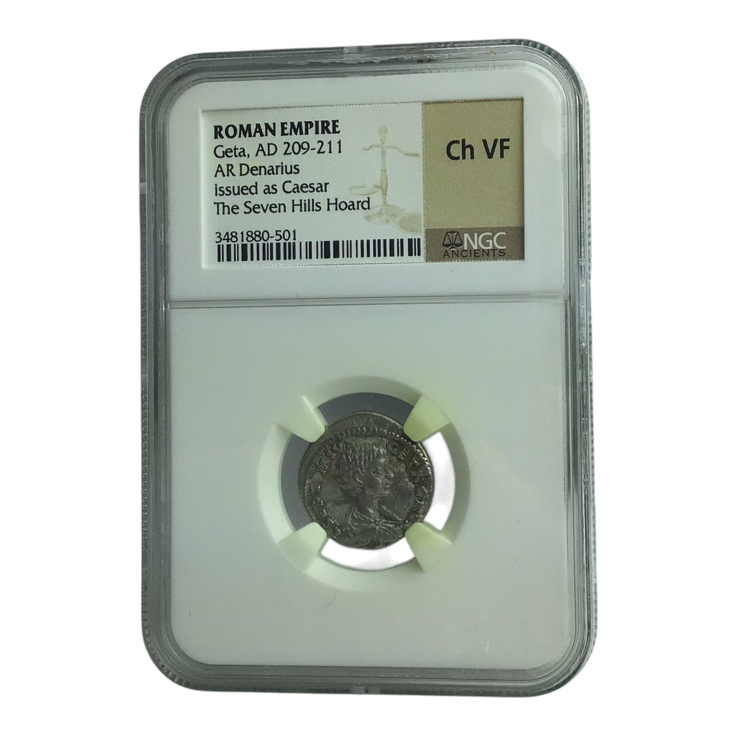 Roman Silver Coin of Geta AD 209-211 AR Denarius NGC Ch VF - Seven Hills Hoard