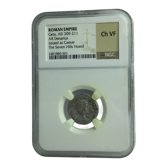 Roman Silver Coin of Geta AD 209-211 AR Denarius NGC Ch VF - Seven Hills Hoard