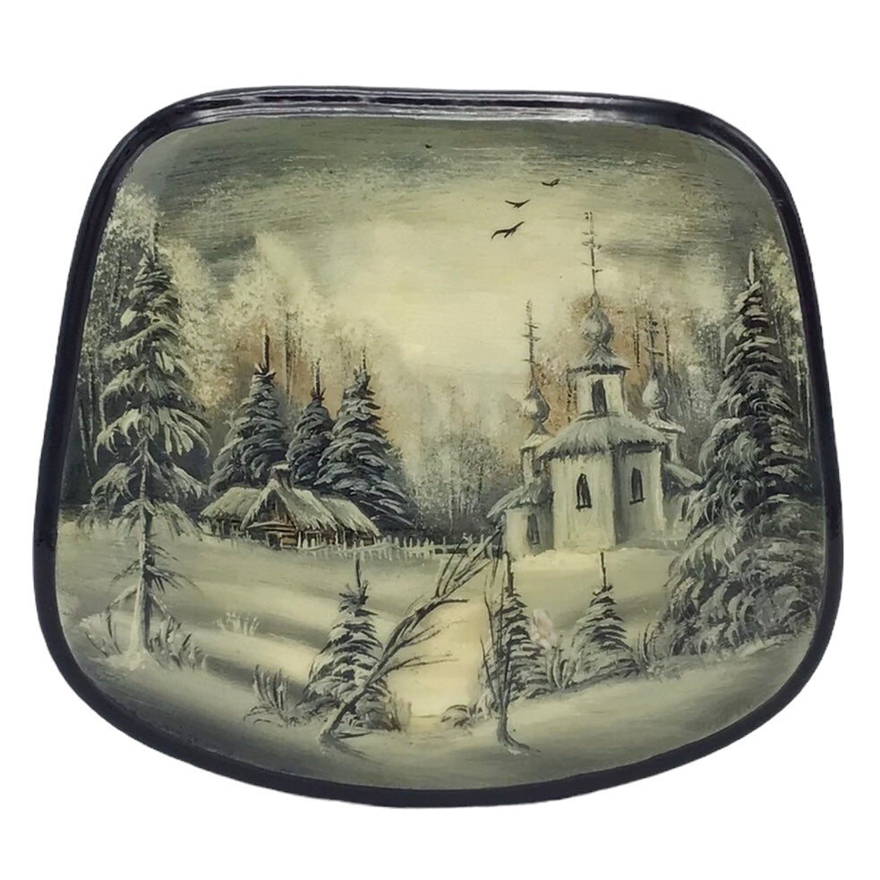 Russian Lacquered Papier-Mache Box Lid Depicting Buildings Behind Snowy Foreground, Apparently Unsigned