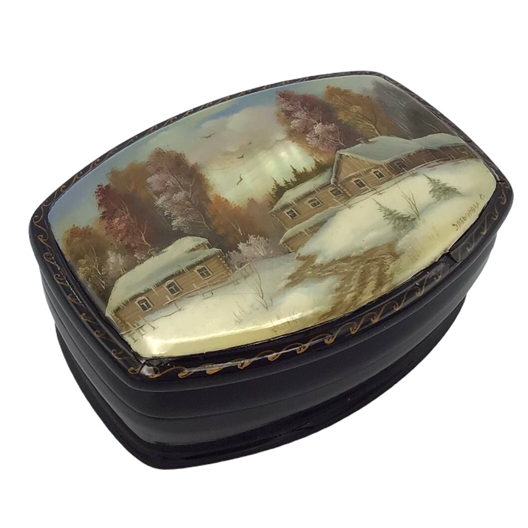 Russian Lacquered Papier-Mache Box Lid Depicting Log Cabins in Forest Landscape