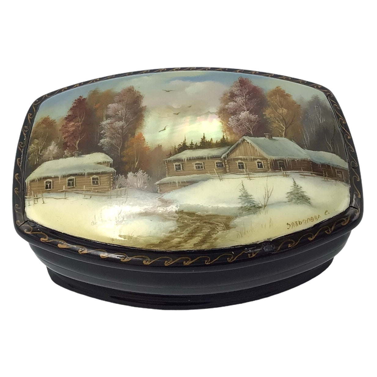 Russian Lacquered Papier-Mache Box Lid Depicting Log Cabins in Forest Landscape