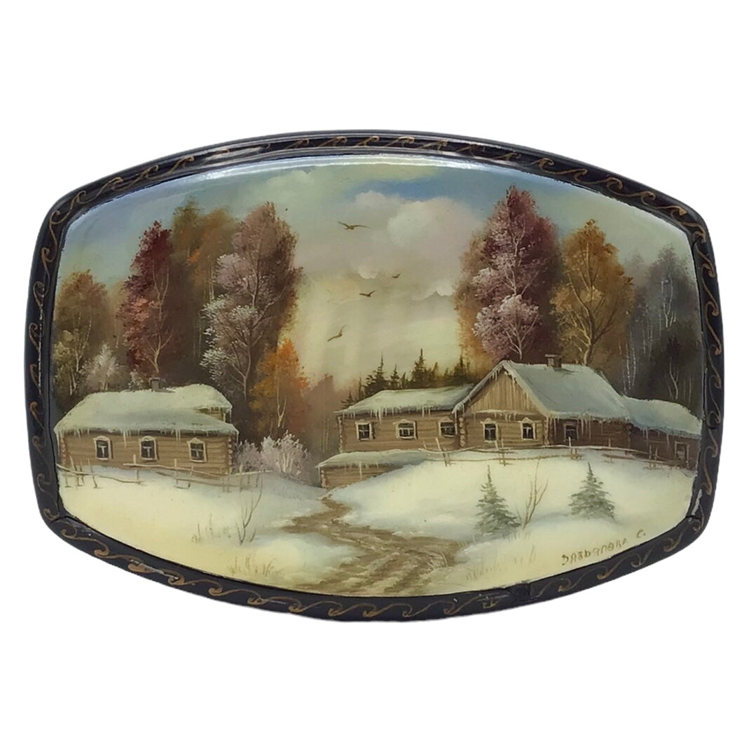 Russian Lacquered Papier-Mache Box Lid Depicting Log Cabins in Forest Landscape