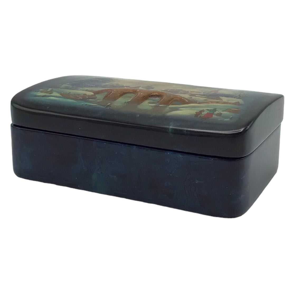 Russian Lacquered Papier-Mache Box with Lid with Painted Scenes Over Shell Inlay, Red Lacquered Interior Artist Signed